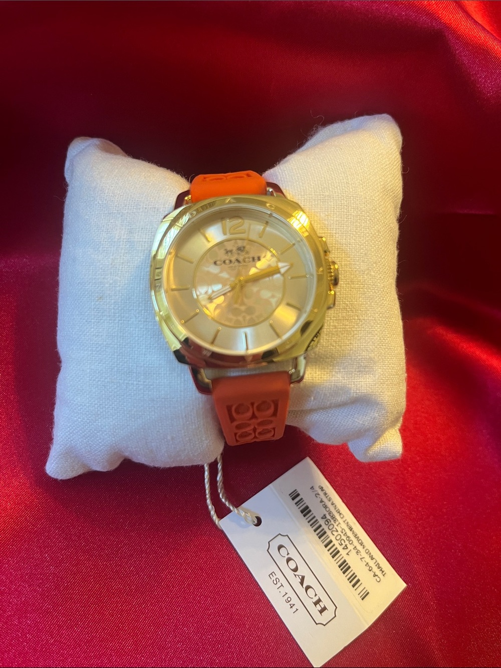 Coach Gold-Tone Watch with Orange Silicone Strap